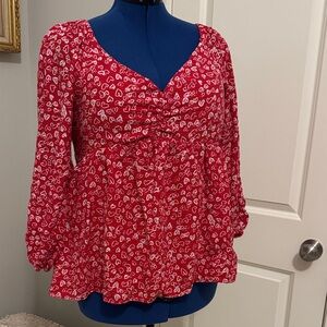 LOFT Red Heart-Print V-Neck Peplum Blouse
